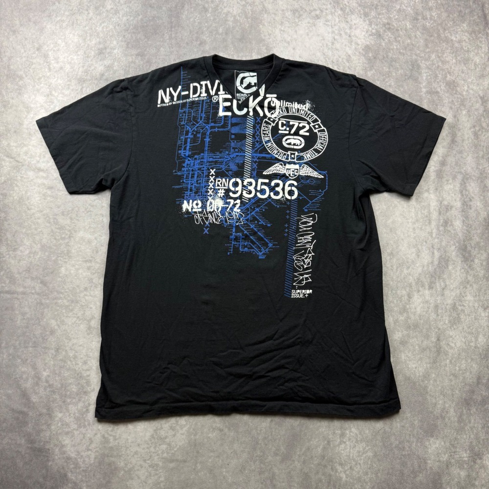 Ecko Unltd Mens XL Black Graphic T-Shirt NY-DIV Blueprint Rhino Streetwear